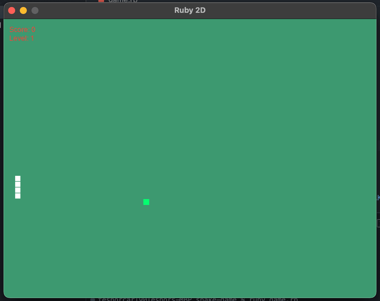 The Snake game running in a window, snake mid-turn on a grid